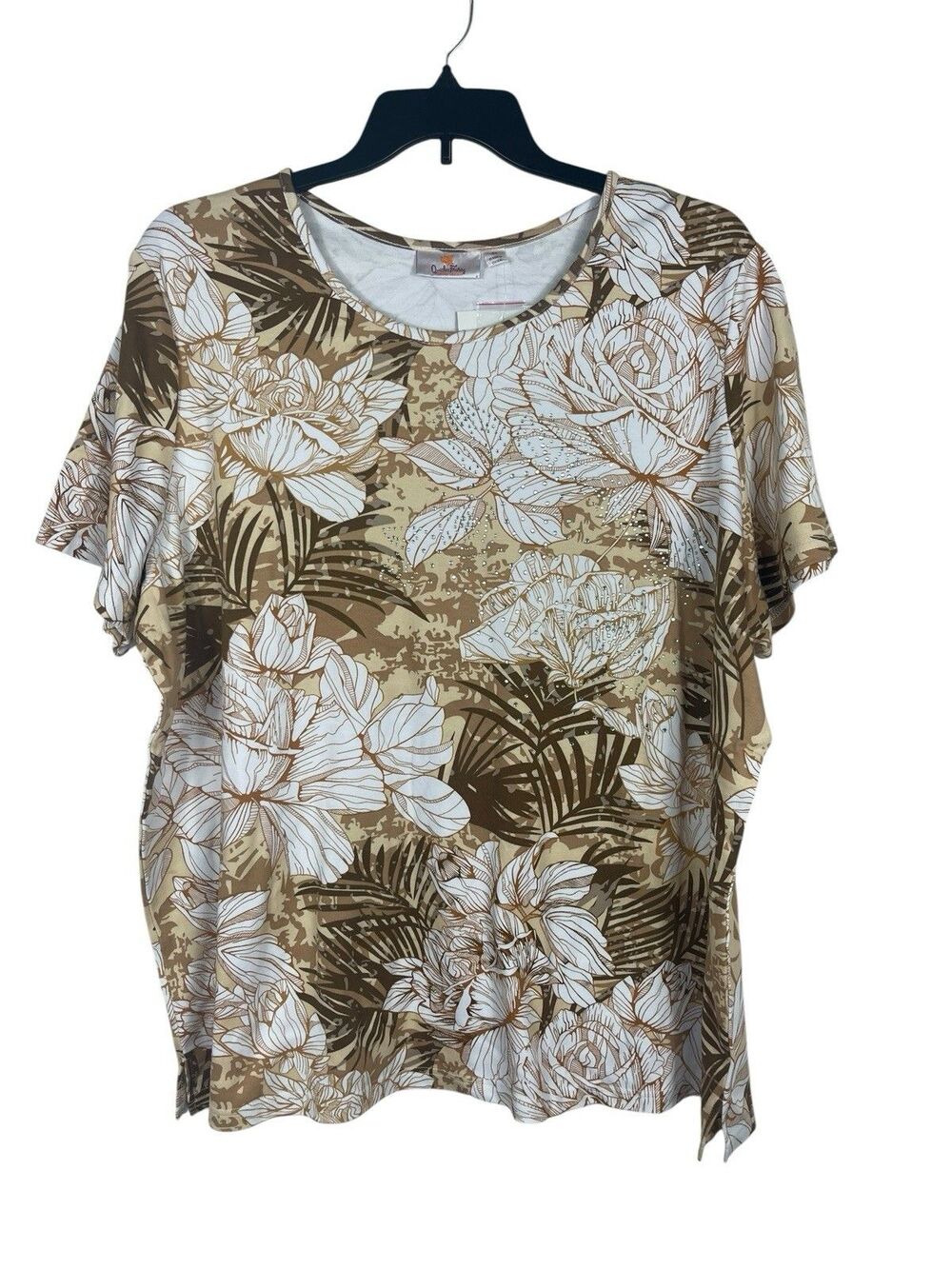 Quacker Factory Tropical Floral Top Womens 3X Embellished Rhinestone Summer NWT